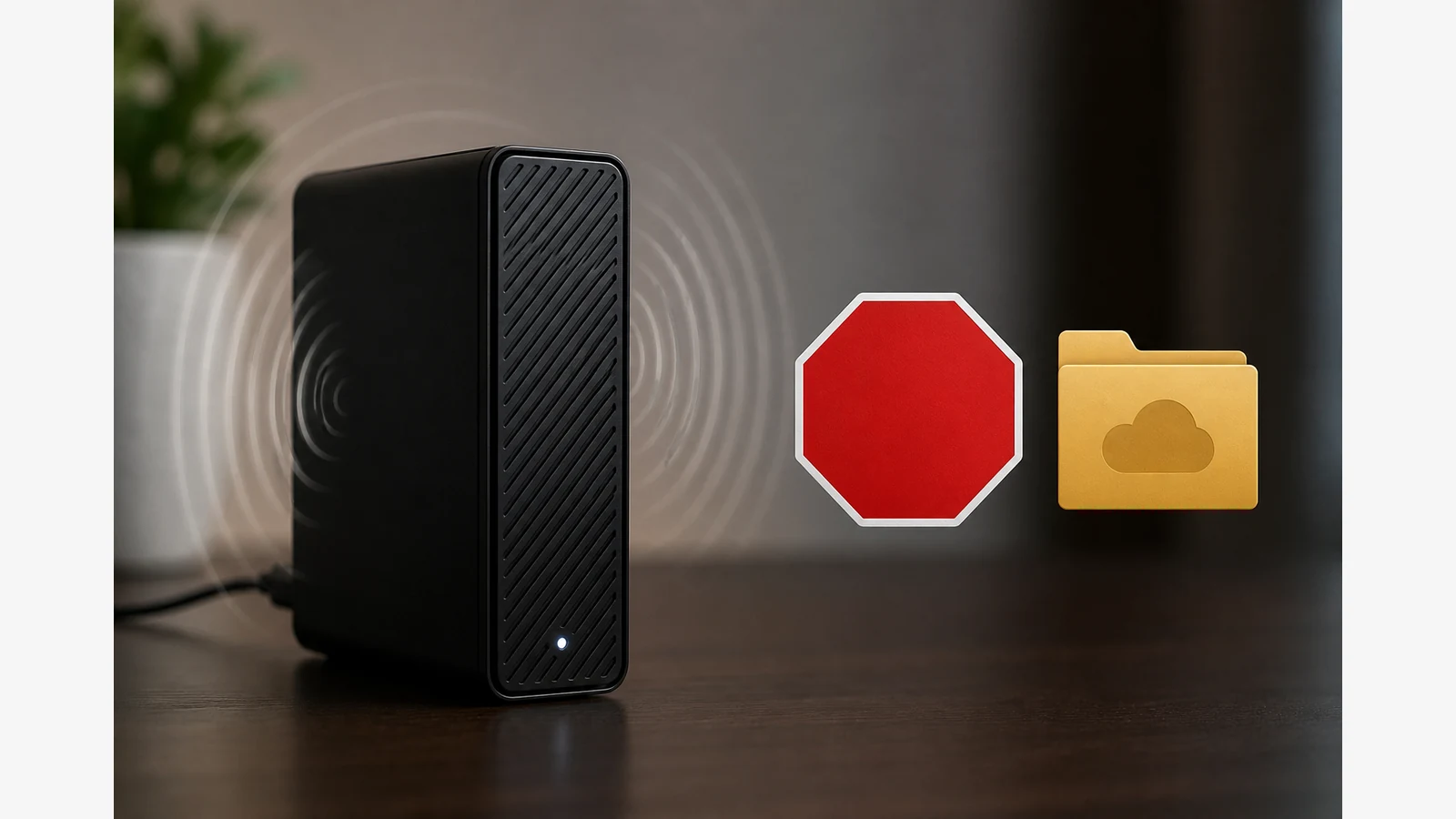 Desktop external hard drive with unusual sound warning and a data-first stop cue