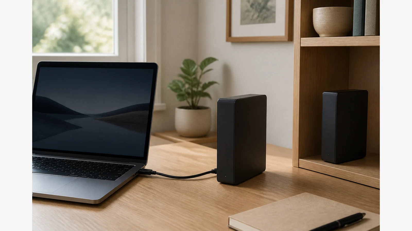 Computer backup plan with one external drive connected and another stored offline