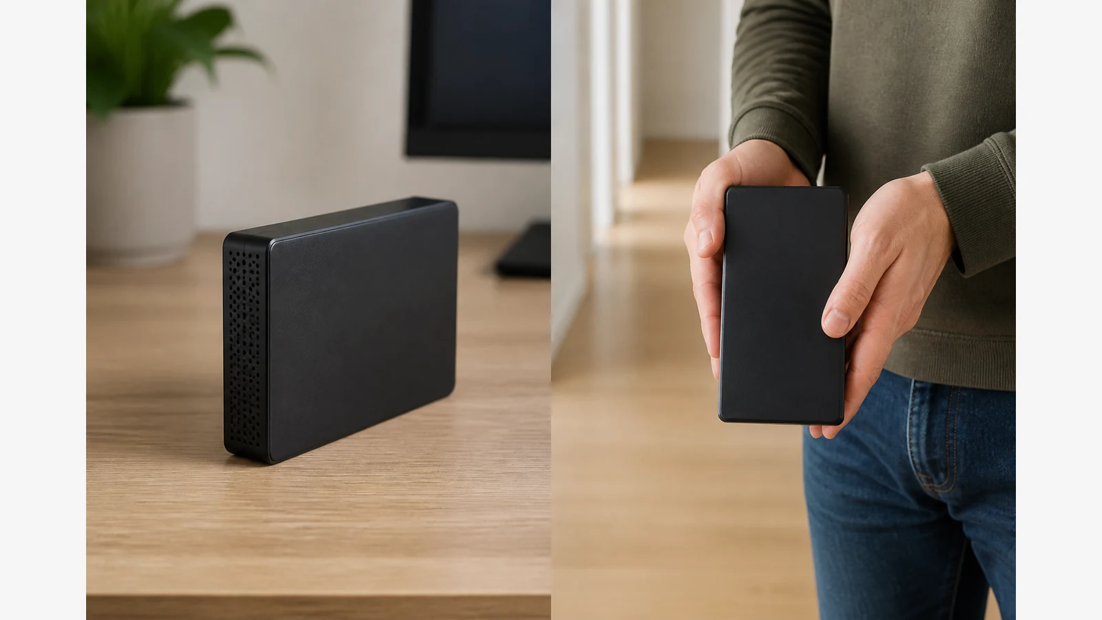 Powered-down desktop external drive with cables removed before it is moved