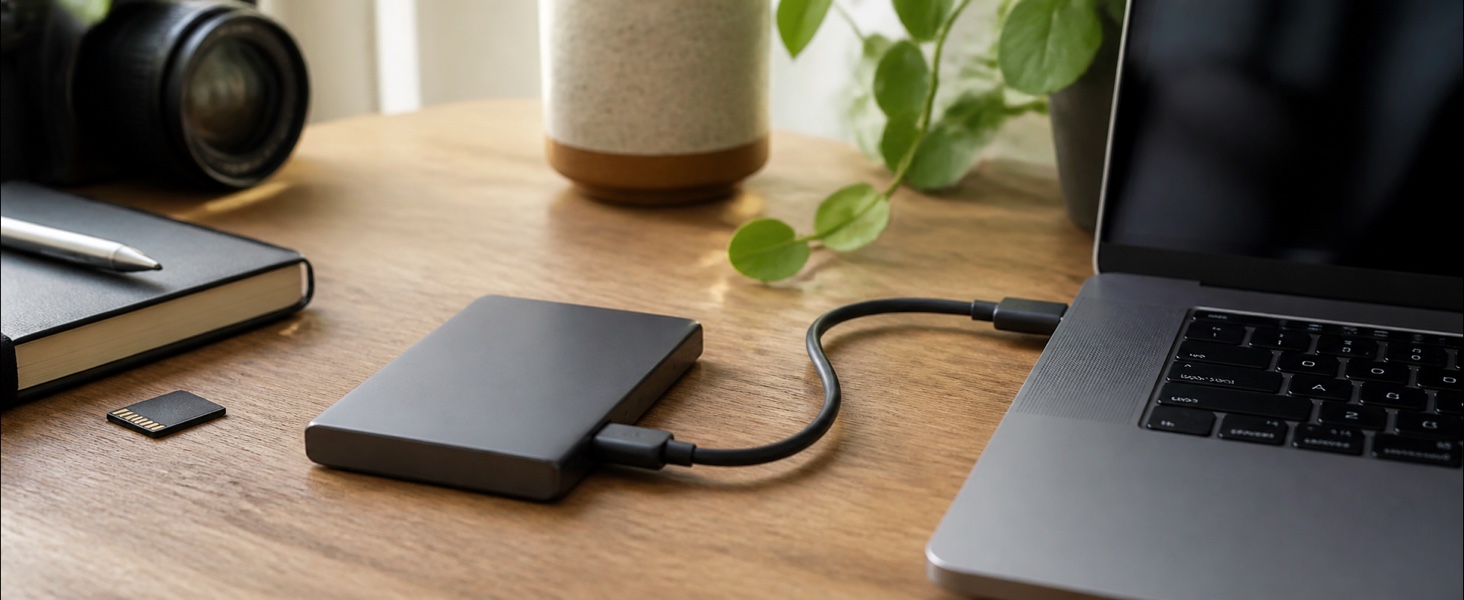 Compact portable external SSD connected by USB-C to a laptop on a home-office desk